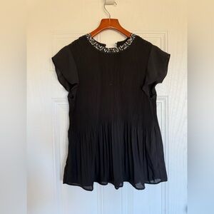 Adrianna Papell black pleated chiffon blouse beaded collar and flutter sleeve -